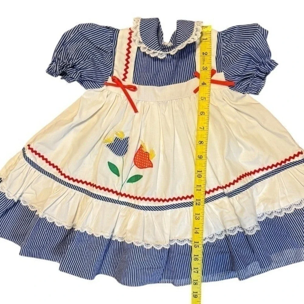 Toddler Girls Pinafore Dress 2T 3T Blue White Prairie Cottagecore Summer 80s Vtg